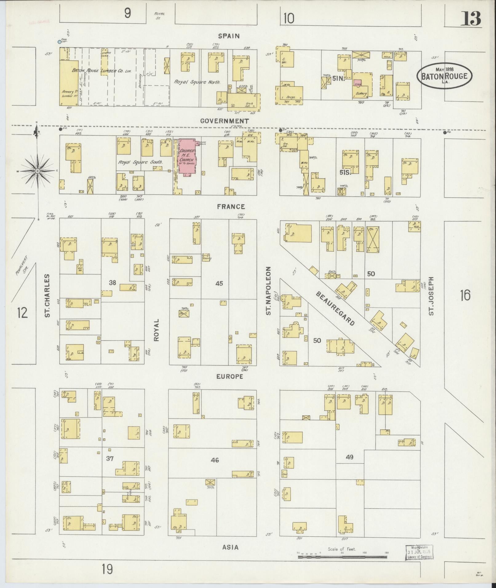 Sanborn Fire Insurance Map from Baton Rouge, East Baton Rouge Parish, Louisiana (1898), Sheet #0013 - Historic Sanborn Fire Insurance Map Print, vintage old map wall art, antique decor, genealogy gift, Louisiana Louisiana map
