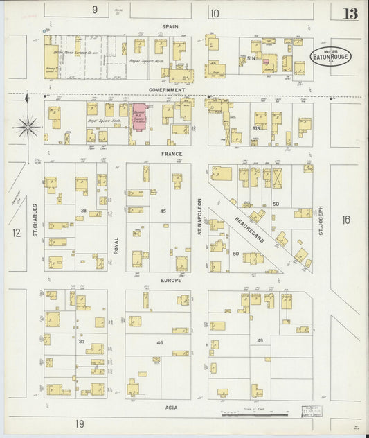 Sanborn Fire Insurance Map from Baton Rouge, East Baton Rouge Parish, Louisiana (1898), Sheet #0013 - Historic Sanborn Fire Insurance Map Print, vintage old map wall art, antique decor, genealogy gift, Louisiana Louisiana map
