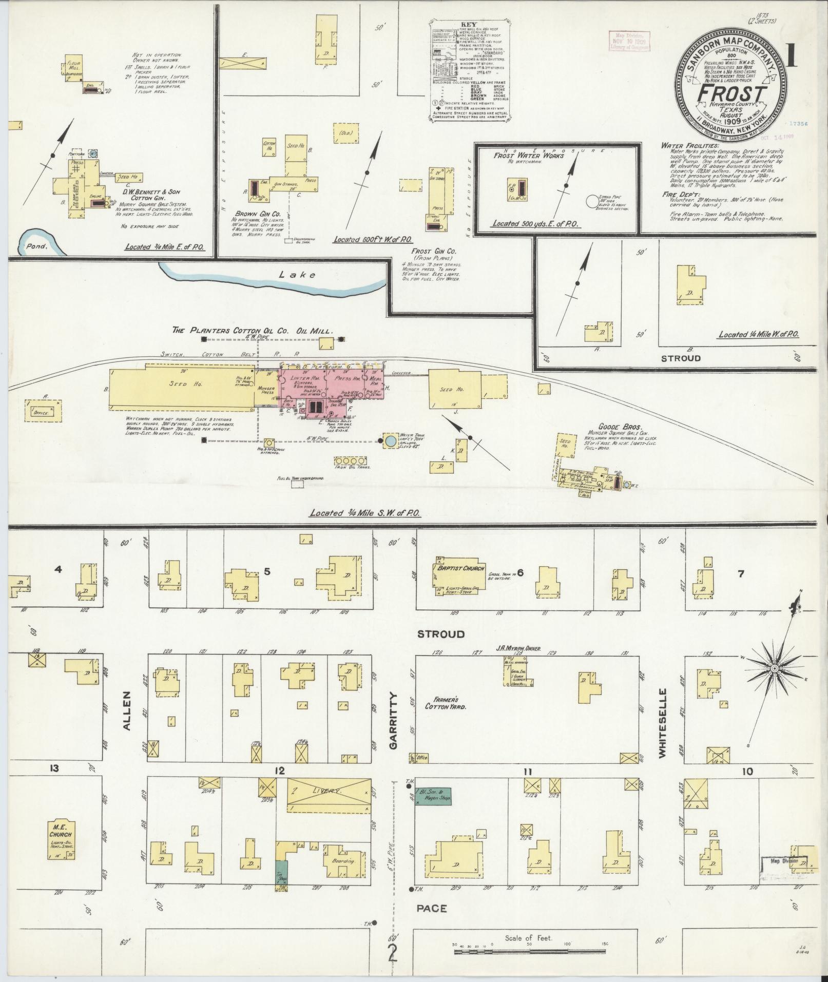 Sanborn Fire Insurance Map from Frost, Navarro County, Texas. (1909) – Historic Sanborn Fire Insurance Map Print