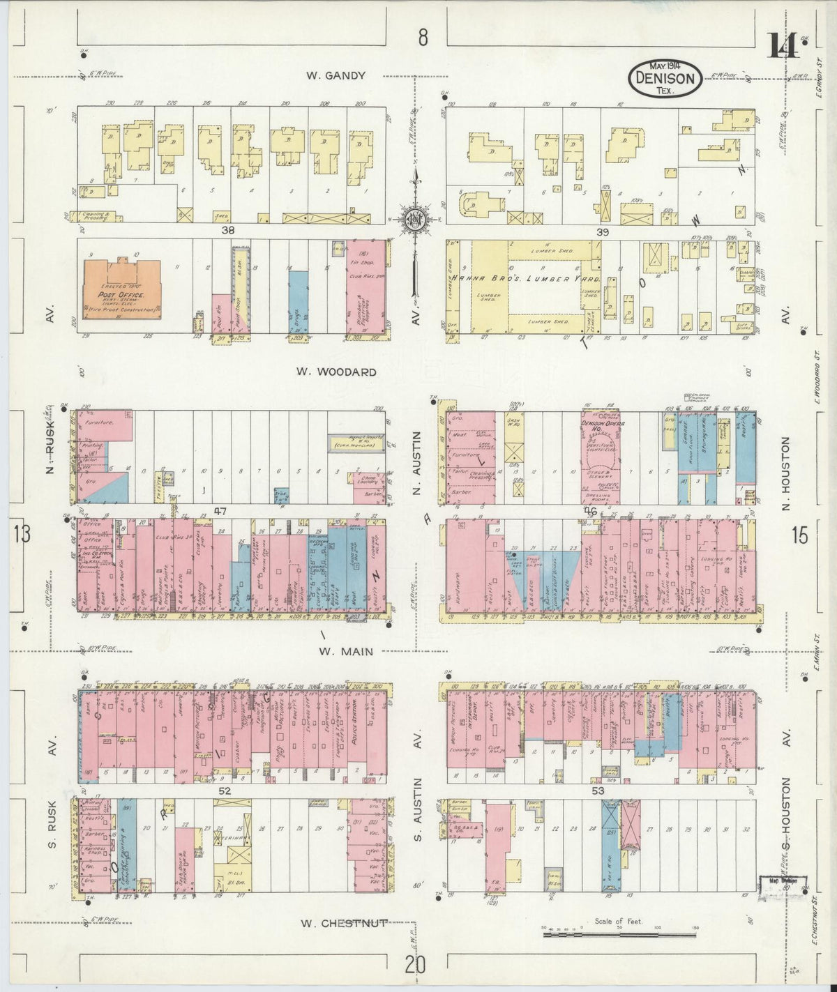 Sanborn Fire Insurance Map from Denison, Grayson County, Texas (1914), Sheet #0014 - Complete Map Set gallery image, historic Sanborn map, vintage wall art, Texas Texas