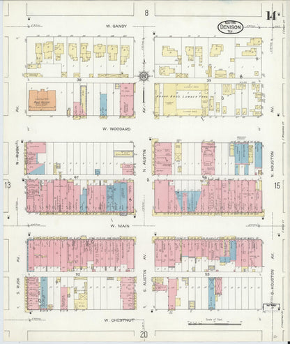 Sanborn Fire Insurance Map from Denison, Grayson County, Texas (1914), Sheet #0014 - Complete Map Set gallery image, historic Sanborn map, vintage wall art, Texas Texas