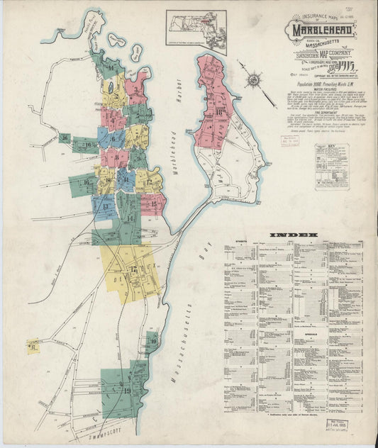 Sanborn Fire Insurance Map from Marblehead, Essex County, Massachusetts (1915), Sheet #0001 - Historic Sanborn Fire Insurance Map Print, vintage old map wall art, antique decor, genealogy gift, Massachusetts Massachusetts map