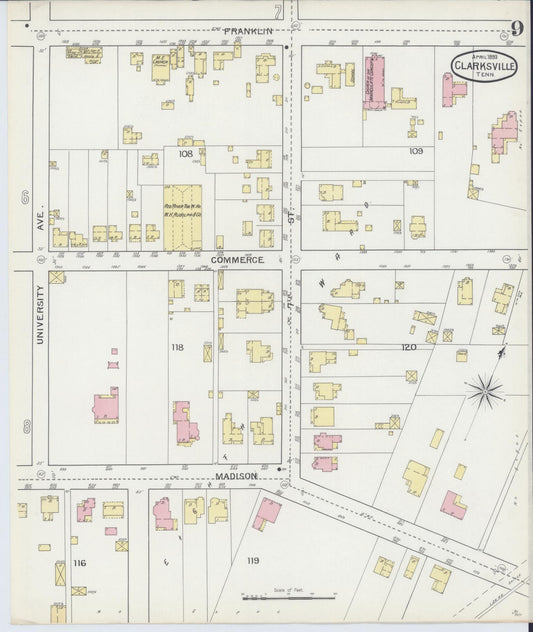 Sanborn Fire Insurance Map from Clarksville, Montgomery County, Tennessee (1893), Sheet #0009 - Historic Sanborn Fire Insurance Map Print, vintage old map wall art, antique decor, genealogy gift, Tennessee Tennessee map