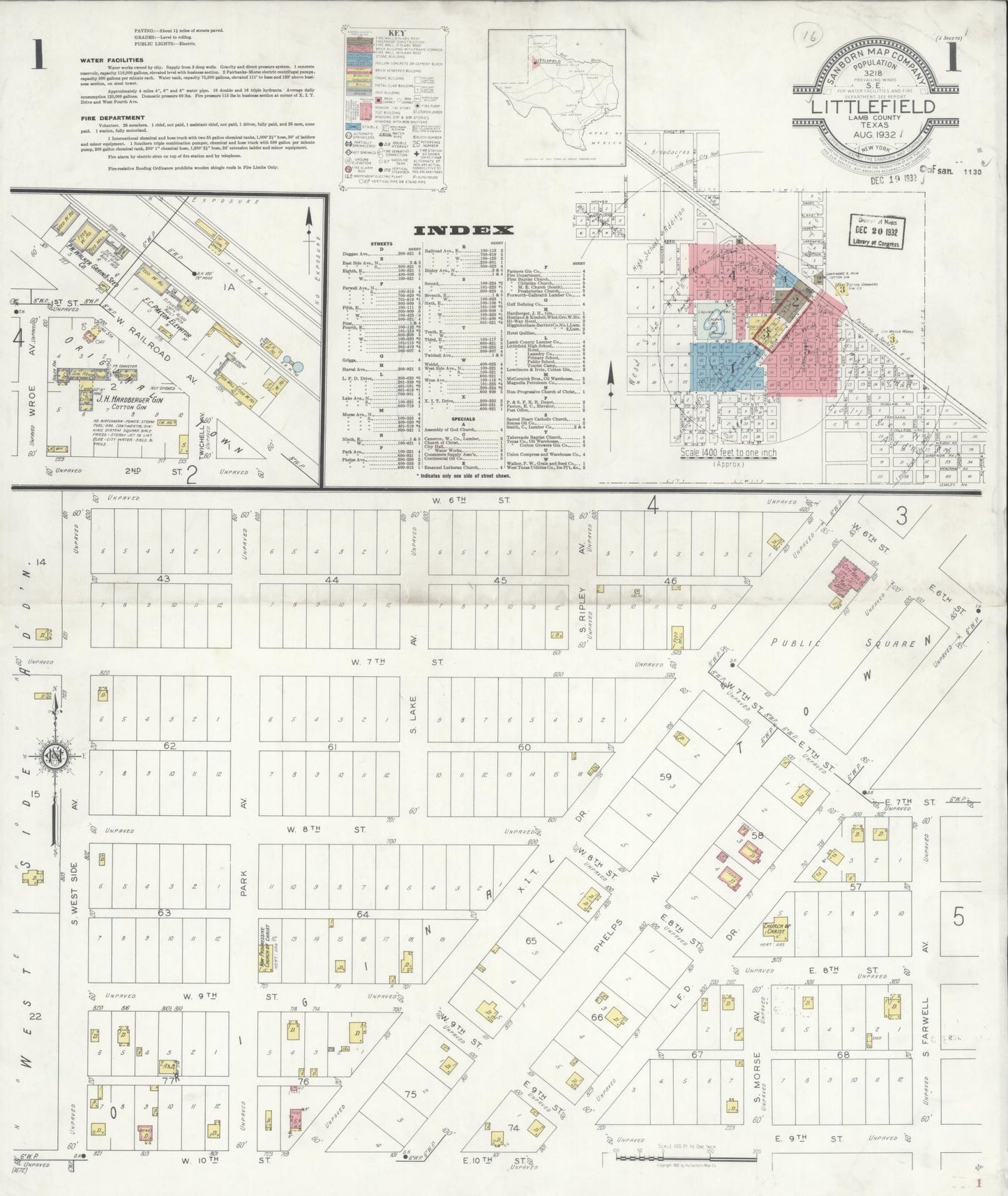 Sanborn Fire Insurance Map from Littlefield, Lamb County, Texas (1932), Sheet #0001 - Historic Sanborn Fire Insurance Map Print, vintage old map wall art, antique decor, genealogy gift, Texas Texas map