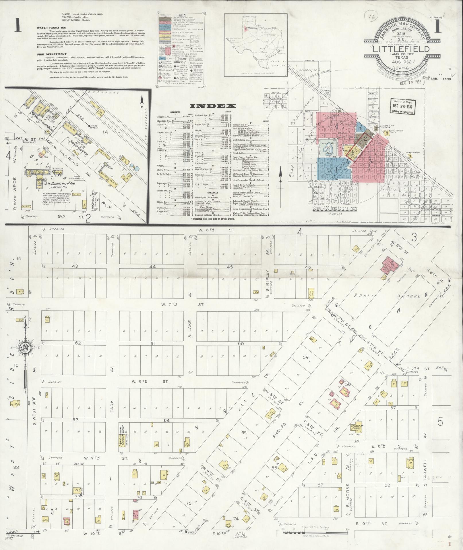 Sanborn Fire Insurance Map from Littlefield, Lamb County, Texas (1932), Sheet #0001 - Historic Sanborn Fire Insurance Map Print, vintage old map wall art, antique decor, genealogy gift, Texas Texas map
