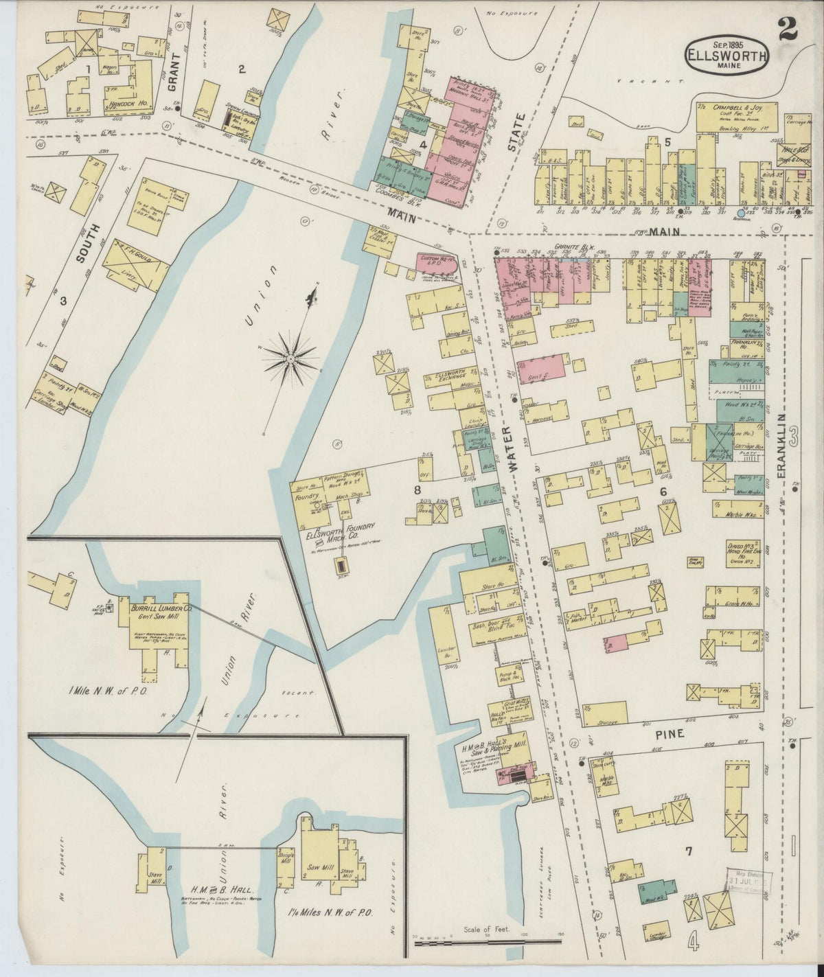 Sanborn Fire Insurance Map from Ellsworth, Hancock County, Maine (1895), Sheet #0002 - Complete Map Set gallery image, historic Sanborn map, vintage wall art, Maine Maine