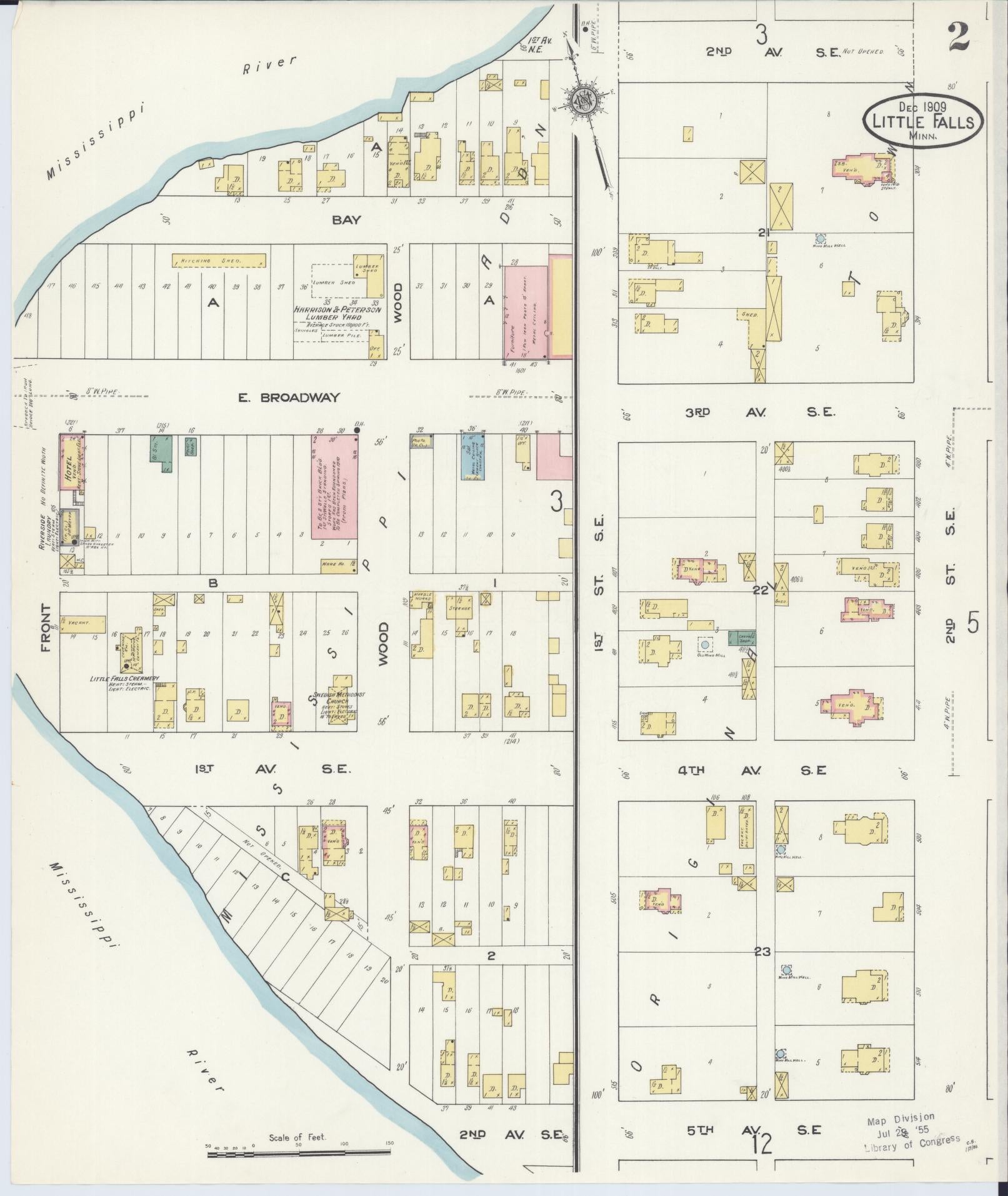 Sanborn Fire Insurance Map from Little Falls, Morrison County, Minnesota (1909), Sheet #0002 - Historic Sanborn Fire Insurance Map Print, vintage old map wall art, antique decor, genealogy gift, Minnesota Minnesota map