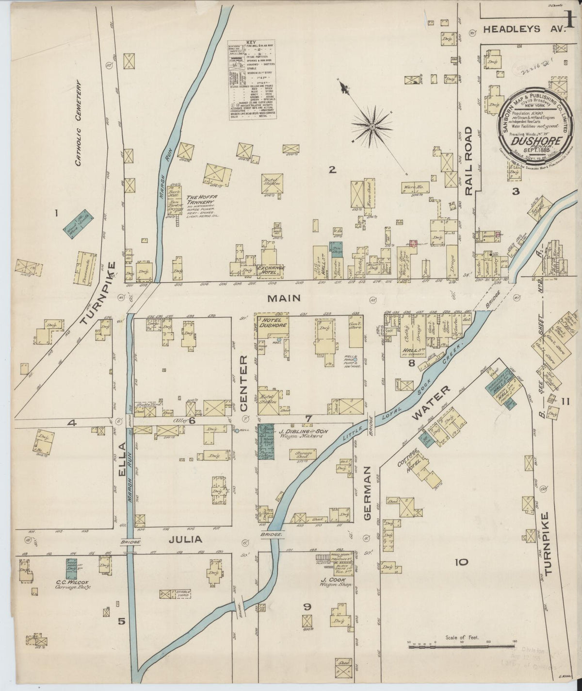 Sanborn Fire Insurance Map from Dushore, Sullivan County, Pennsylvania (1885), Sheet #0001 - Complete Map Set gallery image, historic Sanborn map, vintage wall art, Pennsylvania Pennsylvania