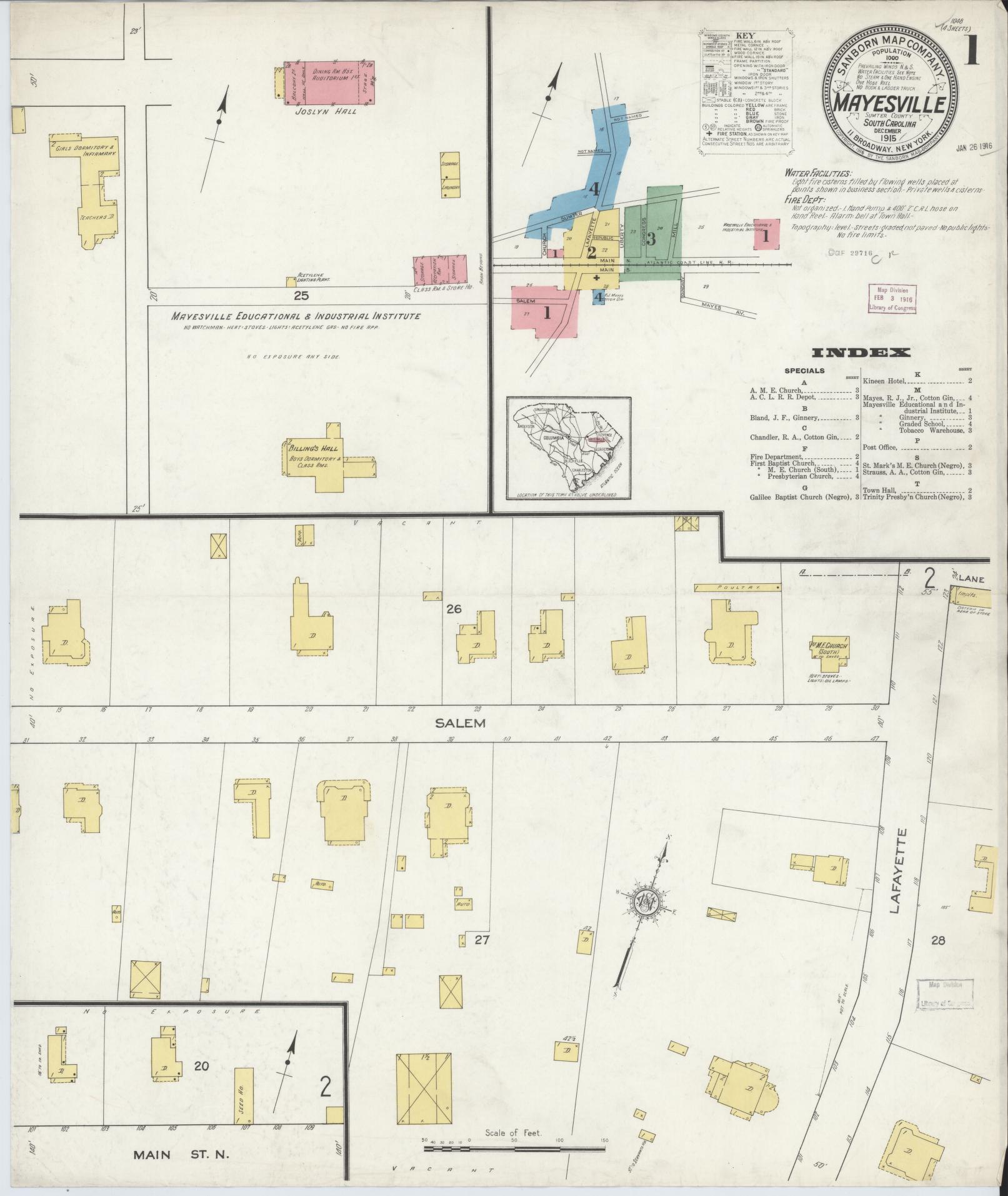 Sanborn Fire Insurance Map from Mayesville, Sumter County, South Carolina. (1915) – Historic Sanborn Fire Insurance Map Print