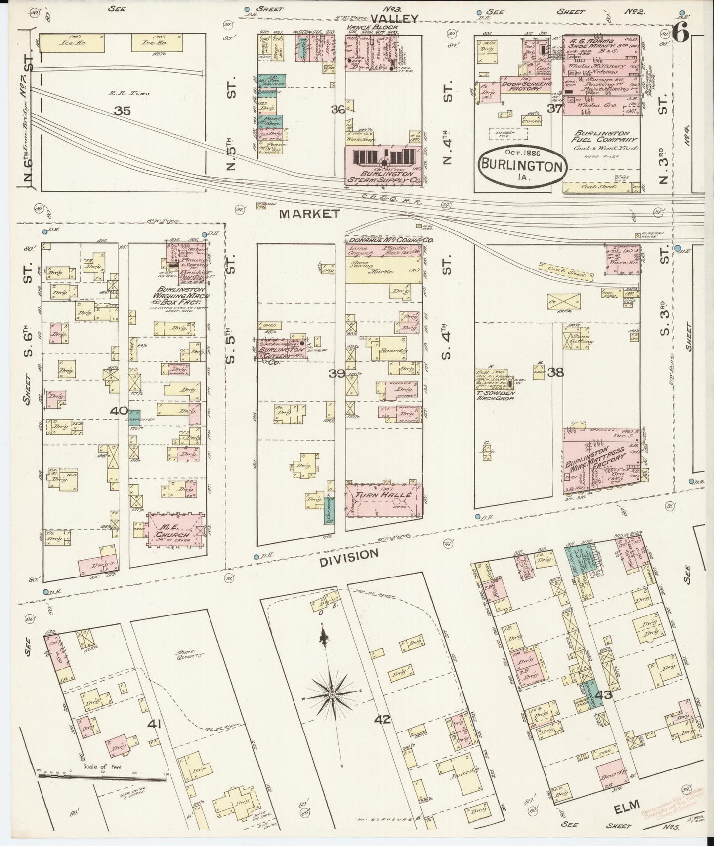 Sanborn Fire Insurance Map from Burlington, Des Moines County, Iowa (1888), Sheet #0006 - Historic Sanborn Fire Insurance Map Print, vintage old map wall art