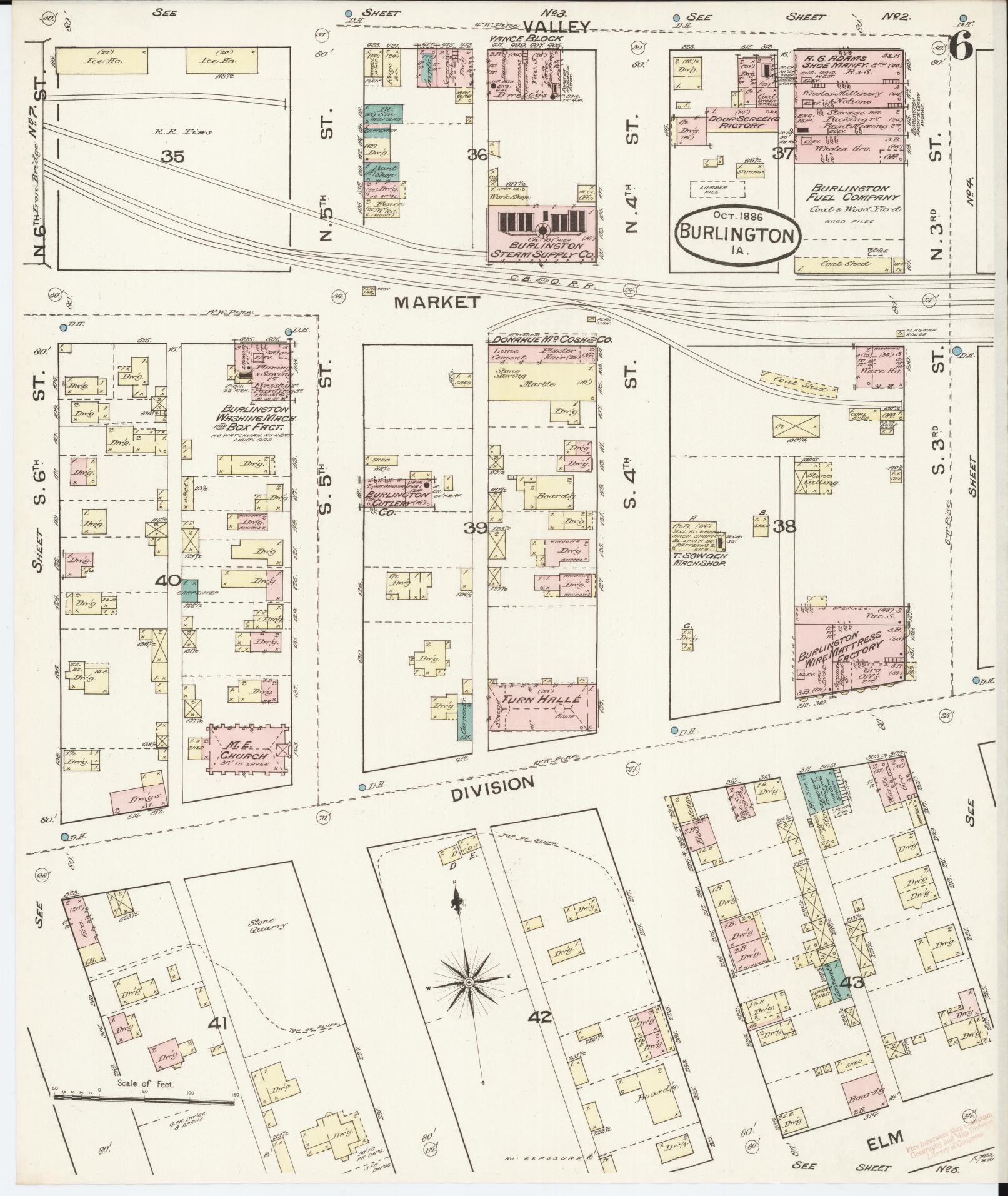 Sanborn Fire Insurance Map from Burlington, Des Moines County, Iowa (1888), Sheet #0006 - Historic Sanborn Fire Insurance Map Print, vintage old map wall art