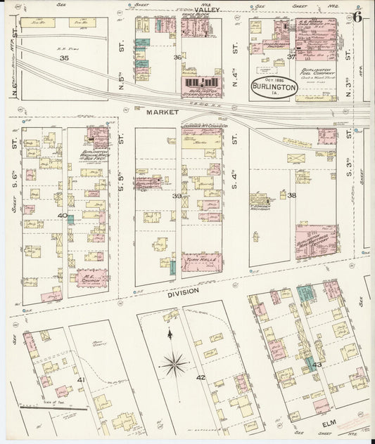 Sanborn Fire Insurance Map from Burlington, Des Moines County, Iowa (1888), Sheet #0006 - Historic Sanborn Fire Insurance Map Print, vintage old map wall art
