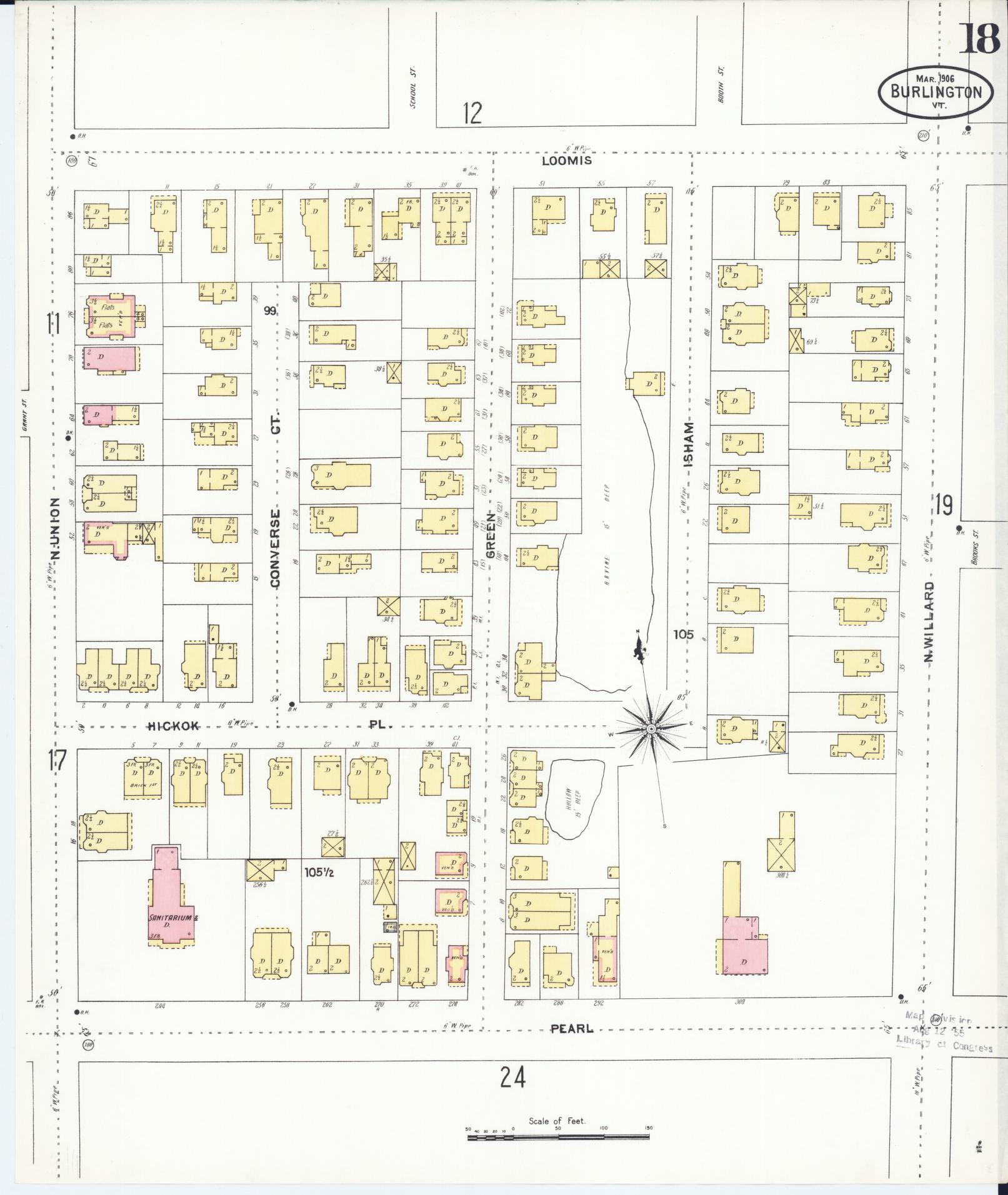 Sanborn Fire Insurance Map from Burlington, Chittenden County, Vermont (1906), Sheet #0018 - Historic Sanborn Fire Insurance Map Print, vintage old map wall art, antique decor, genealogy gift, Vermont Vermont map