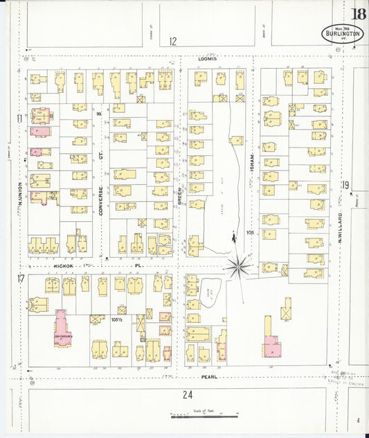 Sanborn Fire Insurance Map from Burlington, Chittenden County, Vermont (1906), Sheet #0018 - Historic Sanborn Fire Insurance Map Print, vintage old map wall art, antique decor, genealogy gift, Vermont Vermont map