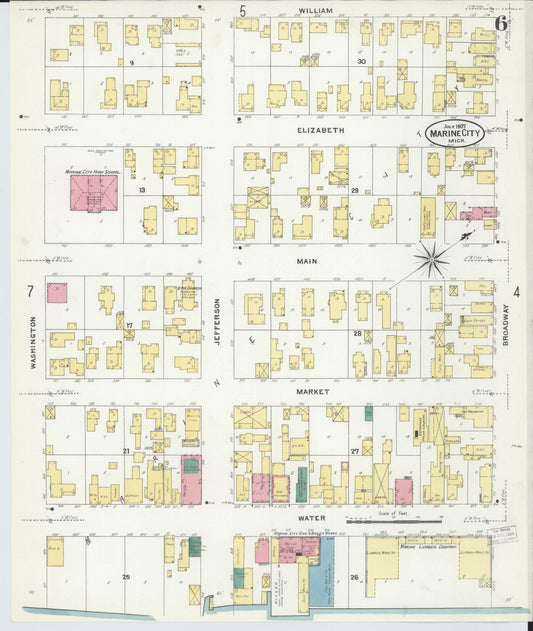 Sanborn Fire Insurance Map from Marine City, Saint Clair County, Michigan (1907), Sheet #0006 - Historic Sanborn Fire Insurance Map Print, vintage old map wall art, antique decor, genealogy gift, Michigan Michigan map