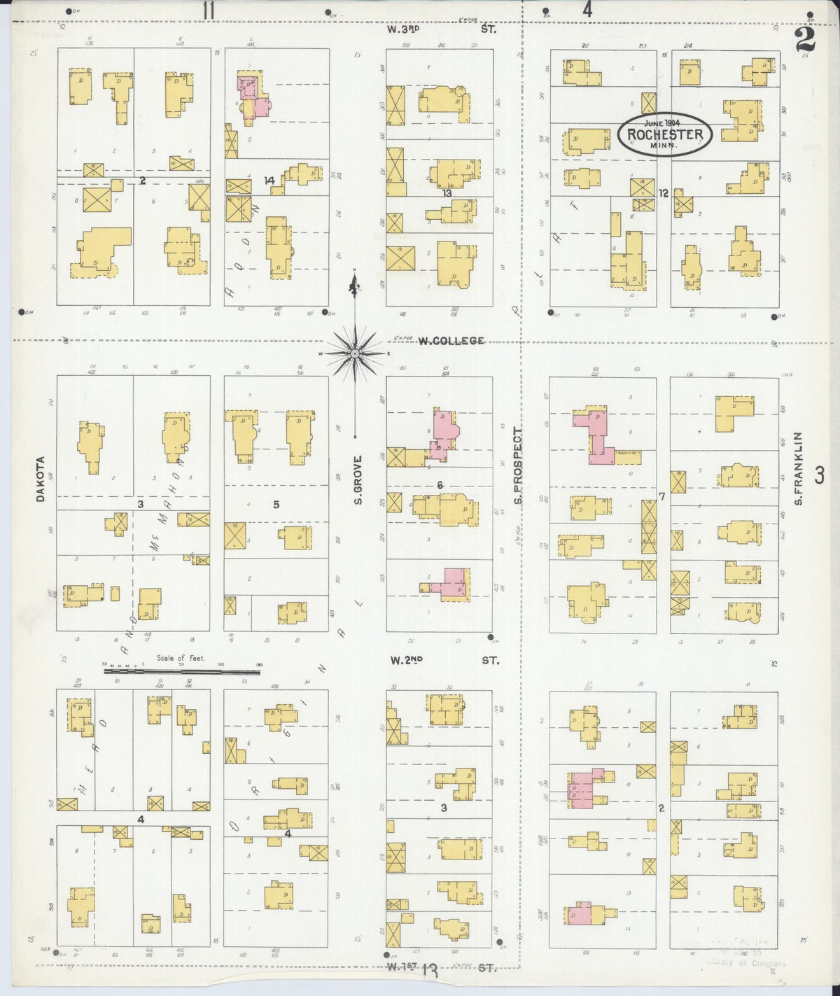 Sanborn Fire Insurance Map from Rochester, Olmsted County, Minnesota (1904), Sheet #0002 - Historic Sanborn Fire Insurance Map Print, vintage old map wall art, antique decor, genealogy gift, Minnesota Minnesota map
