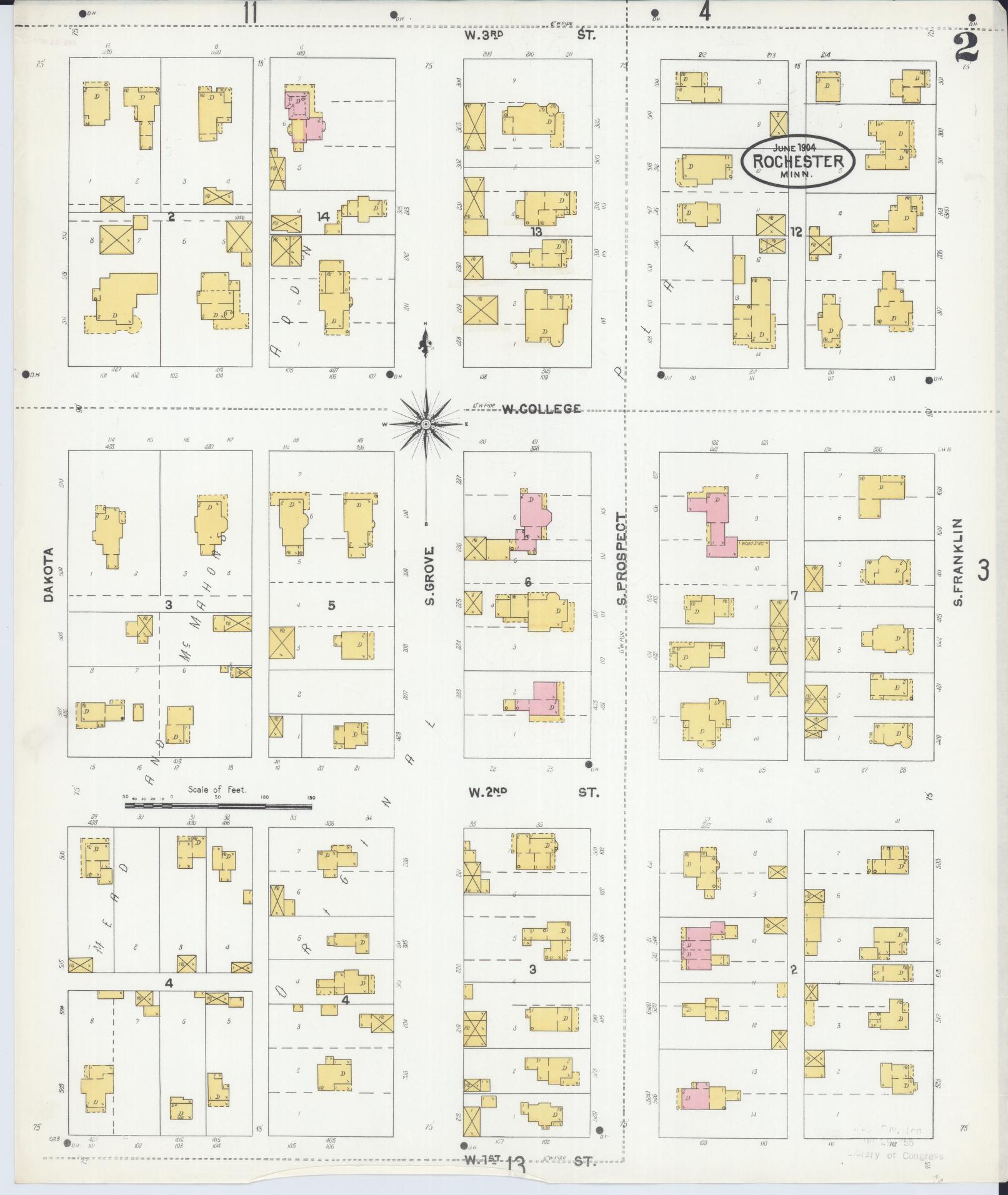 Sanborn Fire Insurance Map from Rochester, Olmsted County, Minnesota (1904), Sheet #0002 - Historic Sanborn Fire Insurance Map Print, vintage old map wall art, antique decor, genealogy gift, Minnesota Minnesota map