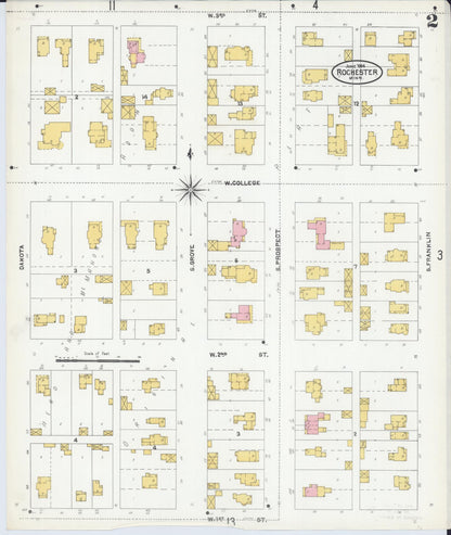 Sanborn Fire Insurance Map from Rochester, Olmsted County, Minnesota (1904), Sheet #0002 - Historic Sanborn Fire Insurance Map Print, vintage old map wall art, antique decor, genealogy gift, Minnesota Minnesota map