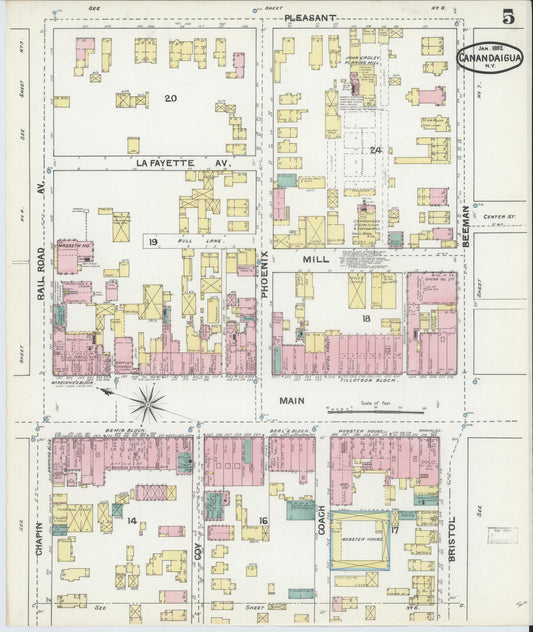 Sanborn Fire Insurance Map from Canandaigua, Ontario County, New York (1892), Sheet #0005 - Historic Sanborn Fire Insurance Map Print, vintage old map wall art, antique decor, genealogy gift, New York New York map