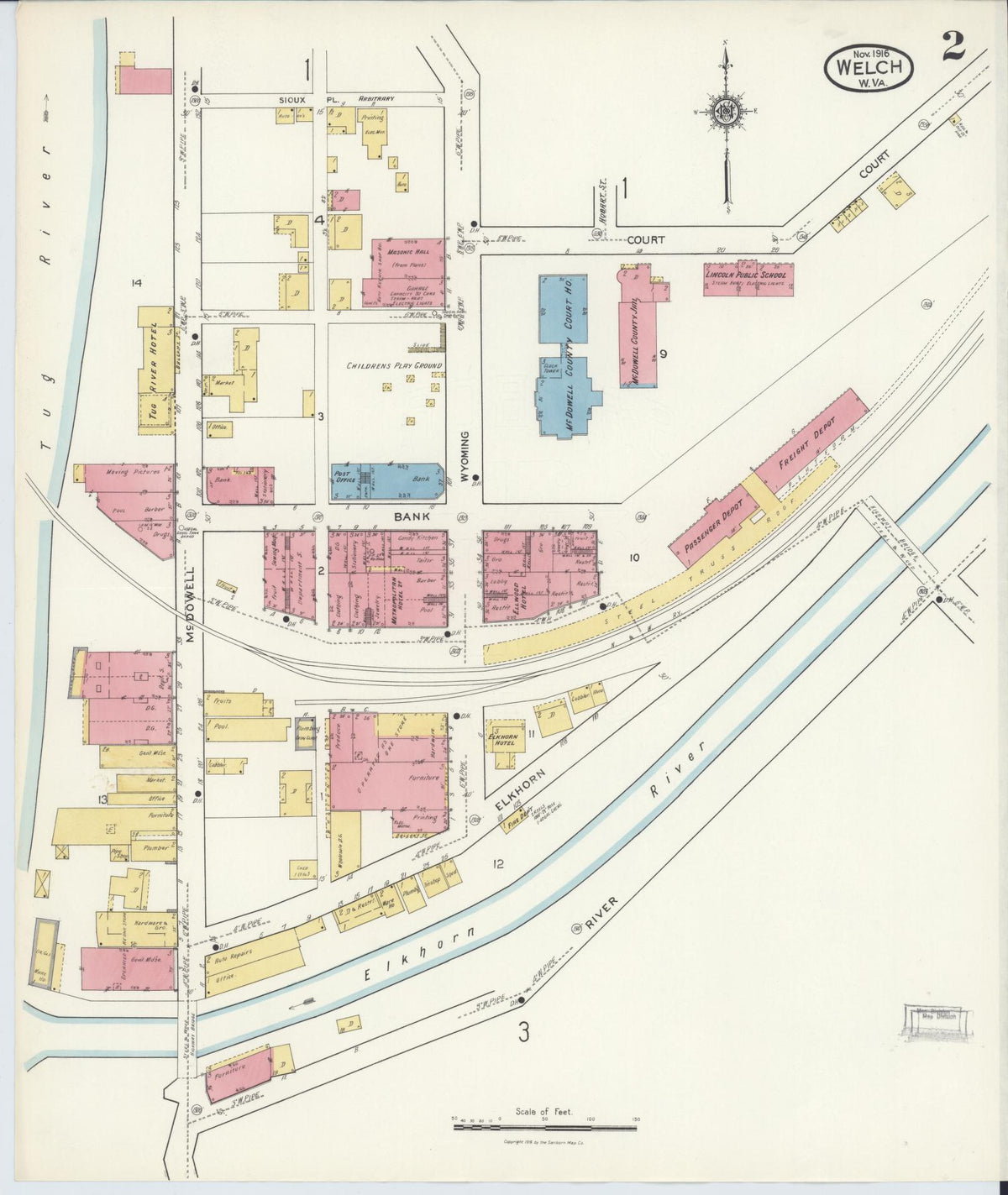 Sanborn Fire Insurance Map from Welch, Mcdowell County, West Virginia (1916), Sheet #0002 - Complete Map Set gallery image, historic Sanborn map, vintage wall art, West Virginia West Virginia