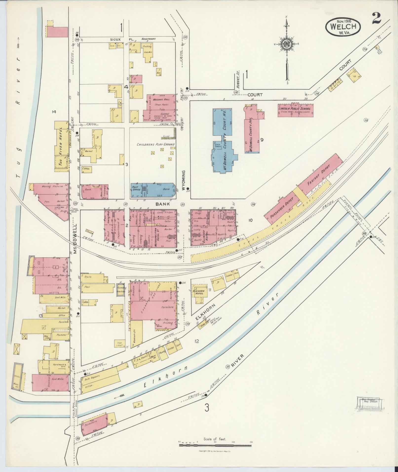 Sanborn Fire Insurance Map from Welch, Mcdowell County, West Virginia (1916), Sheet #0002 - Complete Map Set gallery image, historic Sanborn map, vintage wall art, West Virginia West Virginia