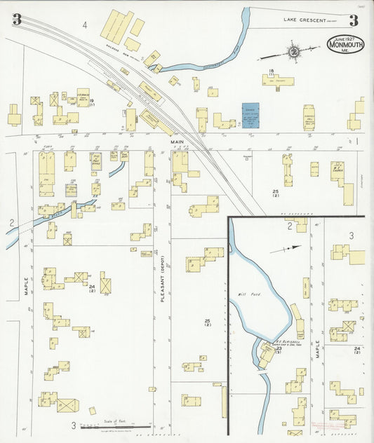 Sanborn Fire Insurance Map from Monmouth, Kennebec County, Maine (1927), Sheet #0003 - Historic Sanborn Fire Insurance Map Print, vintage old map wall art, antique decor, genealogy gift, Maine Maine map