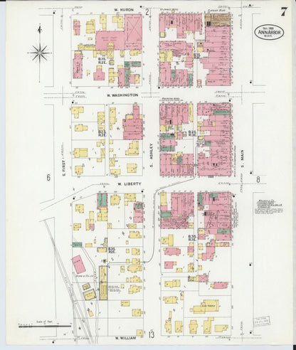 Sanborn Fire Insurance Map from Ann Arbor, Washtenaw County, Michigan (1908), Sheet #0007 - Complete Map Set gallery image, historic Sanborn map, vintage wall art, Michigan Michigan
