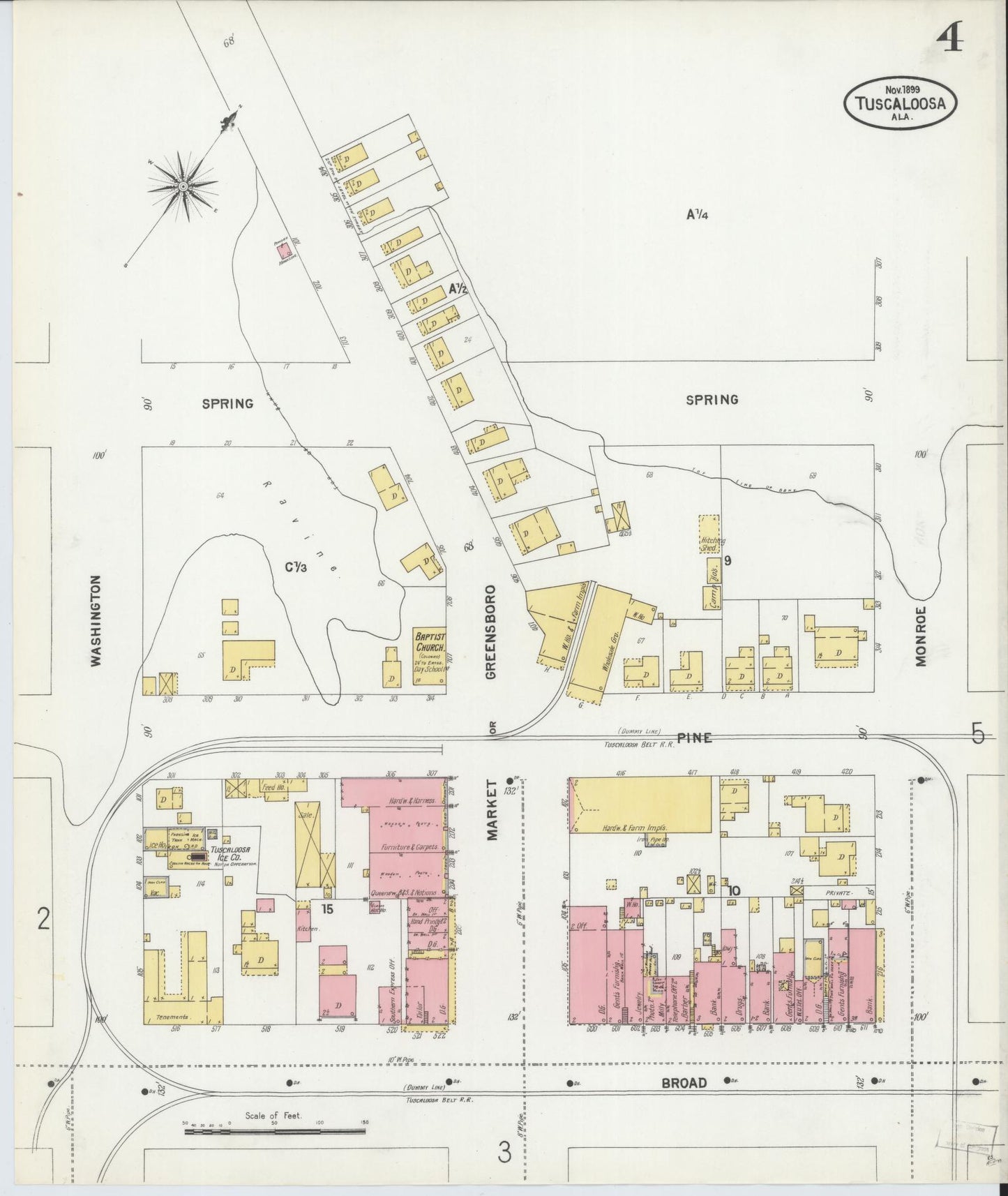 Sanborn Fire Insurance Map from Tuscaloosa, Tuscaloosa County, Alabama (1899), Sheet #0004 - Historic Sanborn Fire Insurance Map Print, vintage old map wall art, antique decor, genealogy gift, Alabama Alabama map