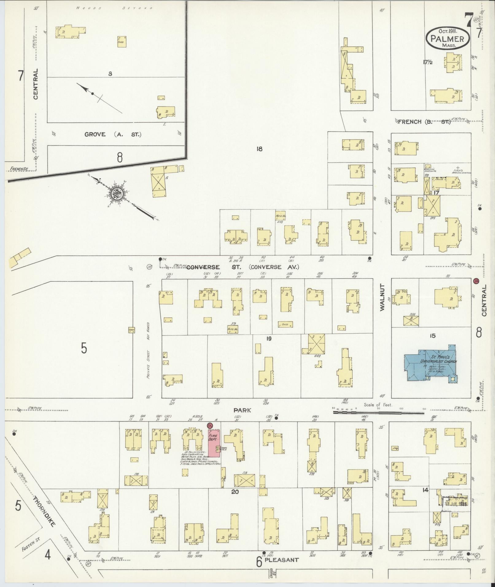 Sanborn Fire Insurance Map from Palmer, Hampden County, Massachusetts (1911), Sheet #0007 - Complete Map Set gallery image, historic Sanborn map, vintage wall art, Massachusetts Massachusetts