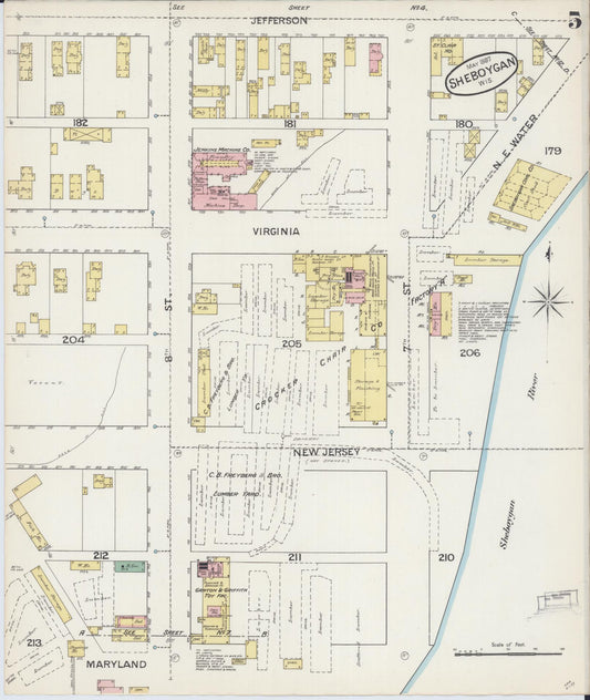 Sanborn Fire Insurance Map from Sheboygan, Sheboygan County, Wisconsin (1887), Sheet #0005 - Historic Sanborn Fire Insurance Map Print, vintage old map wall art, antique decor, genealogy gift, Wisconsin Wisconsin map