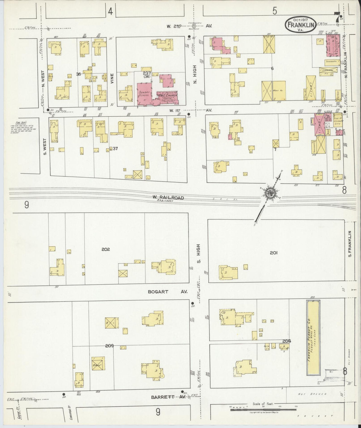 Sanborn Fire Insurance Map from Franklin, Independent Cities, Virginia (1917), Sheet #0007 - Historic Sanborn Fire Insurance Map Print, vintage old map wall art, antique decor, genealogy gift, Virginia Virginia map