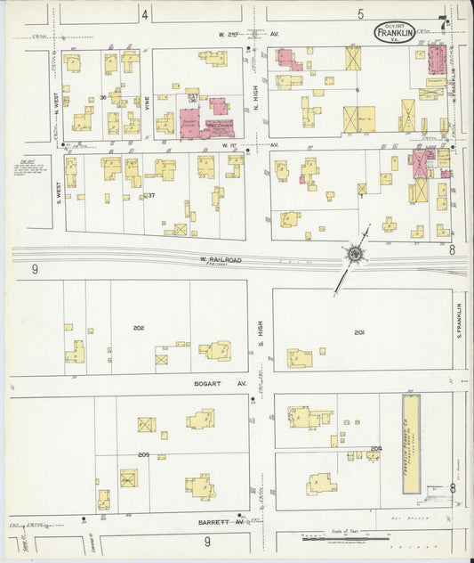 Sanborn Fire Insurance Map from Franklin, Independent Cities, Virginia (1917), Sheet #0007 - Historic Sanborn Fire Insurance Map Print, vintage old map wall art, antique decor, genealogy gift, Virginia Virginia map