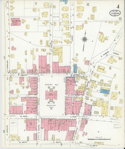 Sanborn Fire Insurance Map from Laurens, Laurens County, South Carolina (1912), Sheet #0004 - Complete Map Set gallery image, historic Sanborn map, vintage wall art, South Carolina South Carolina