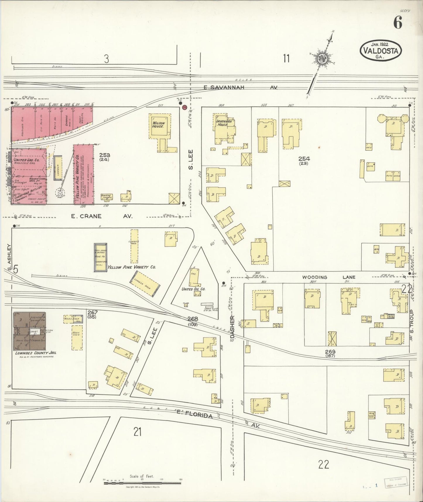 Sanborn Fire Insurance Map from Valdosta, Lowndes County, Georgia (1922), Sheet #0006 - Complete Map Set gallery image, historic Sanborn map, vintage wall art, Georgia Georgia