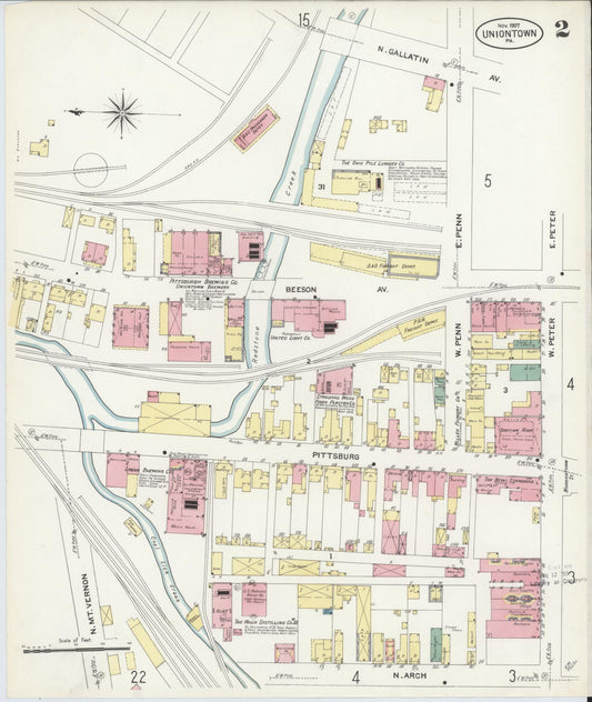 Sanborn Fire Insurance Map from Uniontown, Fayette County, Pennsylvania (1907), Sheet #0002 - Historic Sanborn Fire Insurance Map Print, vintage old map wall art, antique decor, genealogy gift, Pennsylvania Pennsylvania map