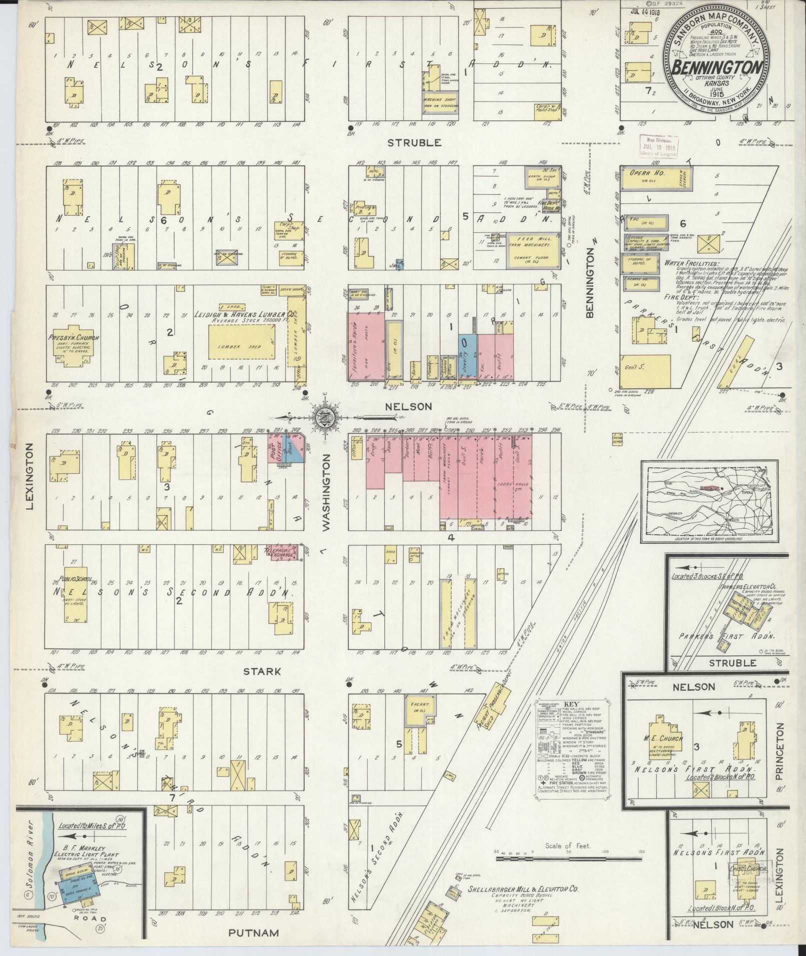 Sanborn Fire Insurance Map from Bennington, Ottawa County, Kansas (1915), Sheet #0001 - Historic Sanborn Fire Insurance Map Print, vintage old map wall art, antique decor, genealogy gift, Kansas Kansas map