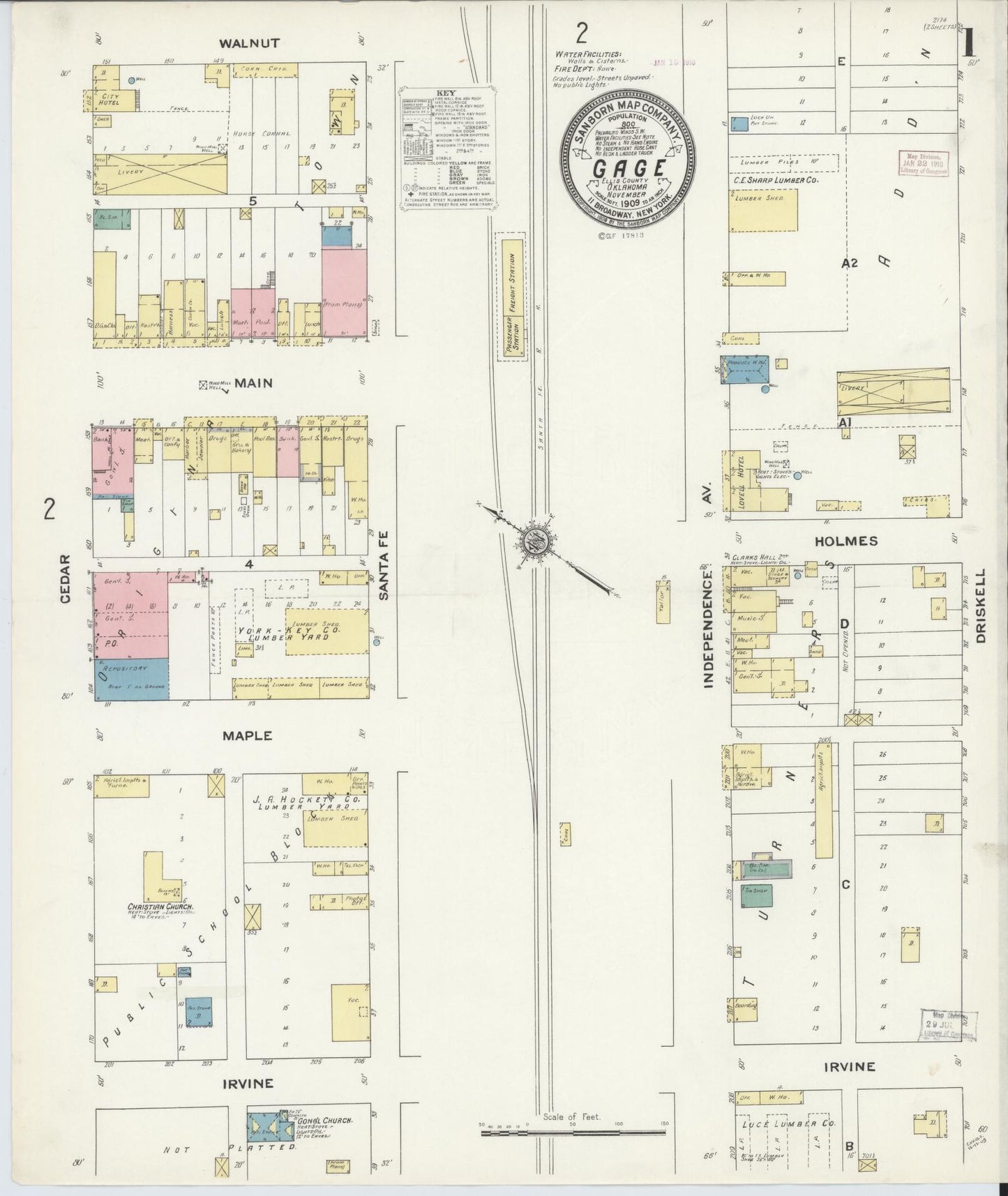 Sanborn Fire Insurance Map from Gage, Ellis County, Oklahoma (1909), Sheet #0001 - Complete Map Set gallery image, historic Sanborn map, vintage wall art, Oklahoma Oklahoma