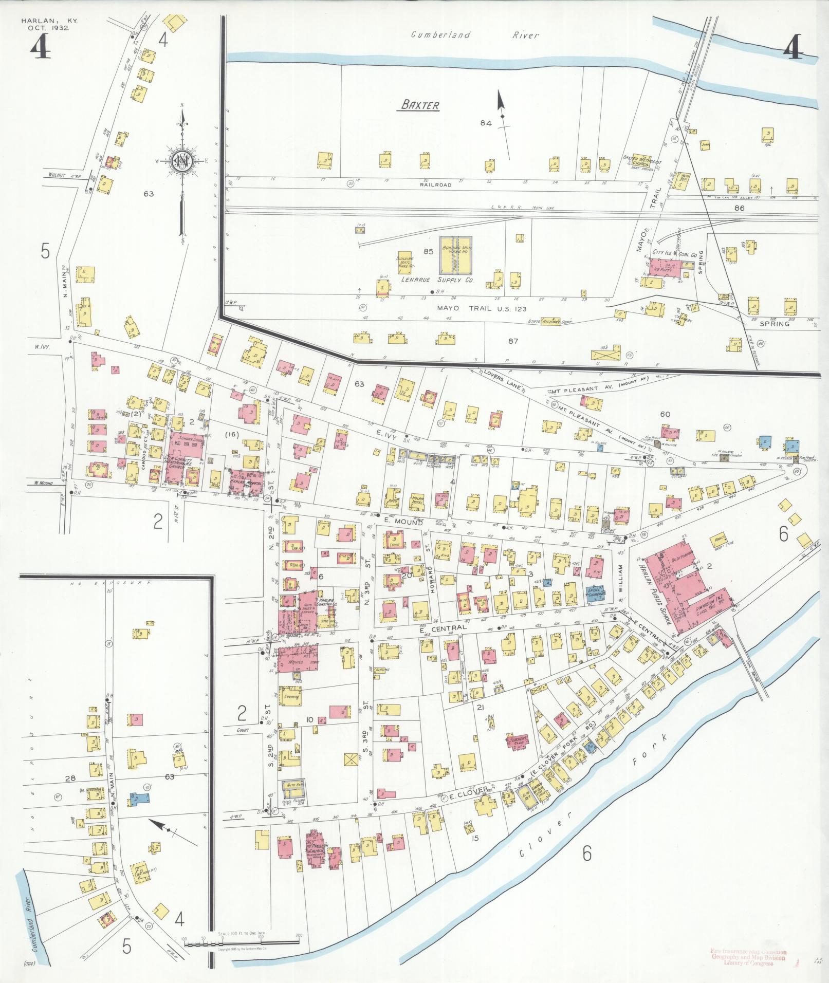 Sanborn Fire Insurance Map from Harlan, Harlan County, Kentucky (1932), Sheet #0004 - Complete Map Set gallery image, historic Sanborn map, vintage wall art, Kentucky Kentucky