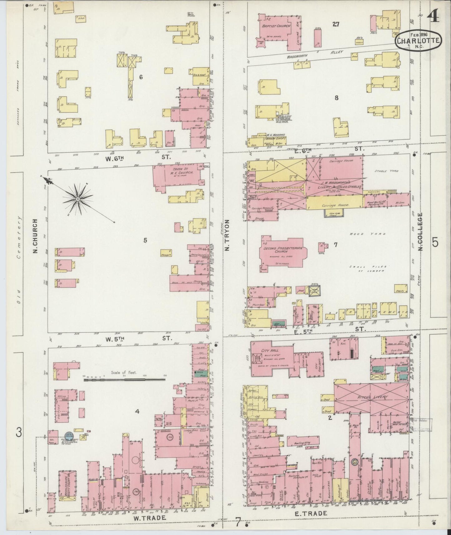 Sanborn Fire Insurance Map from Charlotte, Mecklenburg County, North Carolina (1896), Sheet #0004 - Complete Map Set gallery image, historic Sanborn map, vintage wall art, North Carolina North Carolina