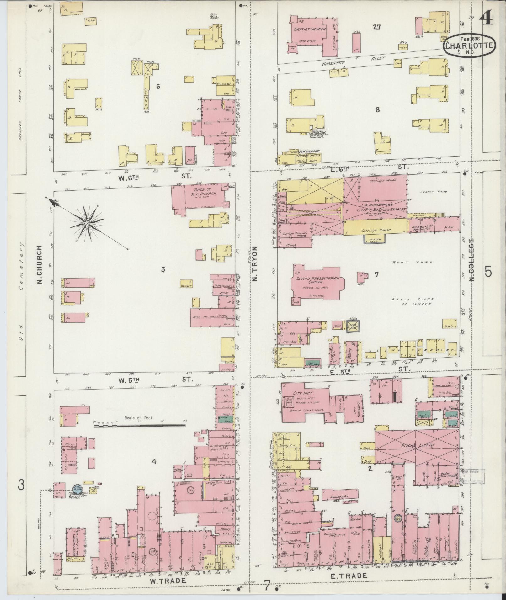 Sanborn Fire Insurance Map from Charlotte, Mecklenburg County, North Carolina (1896), Sheet #0004 - Complete Map Set gallery image, historic Sanborn map, vintage wall art, North Carolina North Carolina