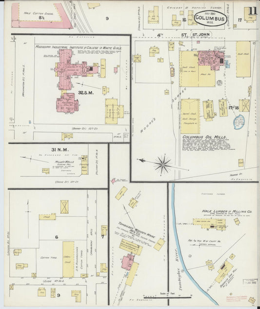 Sanborn Fire Insurance Map from Columbus, Lowndes County, Mississippi (1890), Sheet #0011 - Historic Sanborn Fire Insurance Map Print, vintage old map wall art, antique decor, genealogy gift, Mississippi Mississippi map