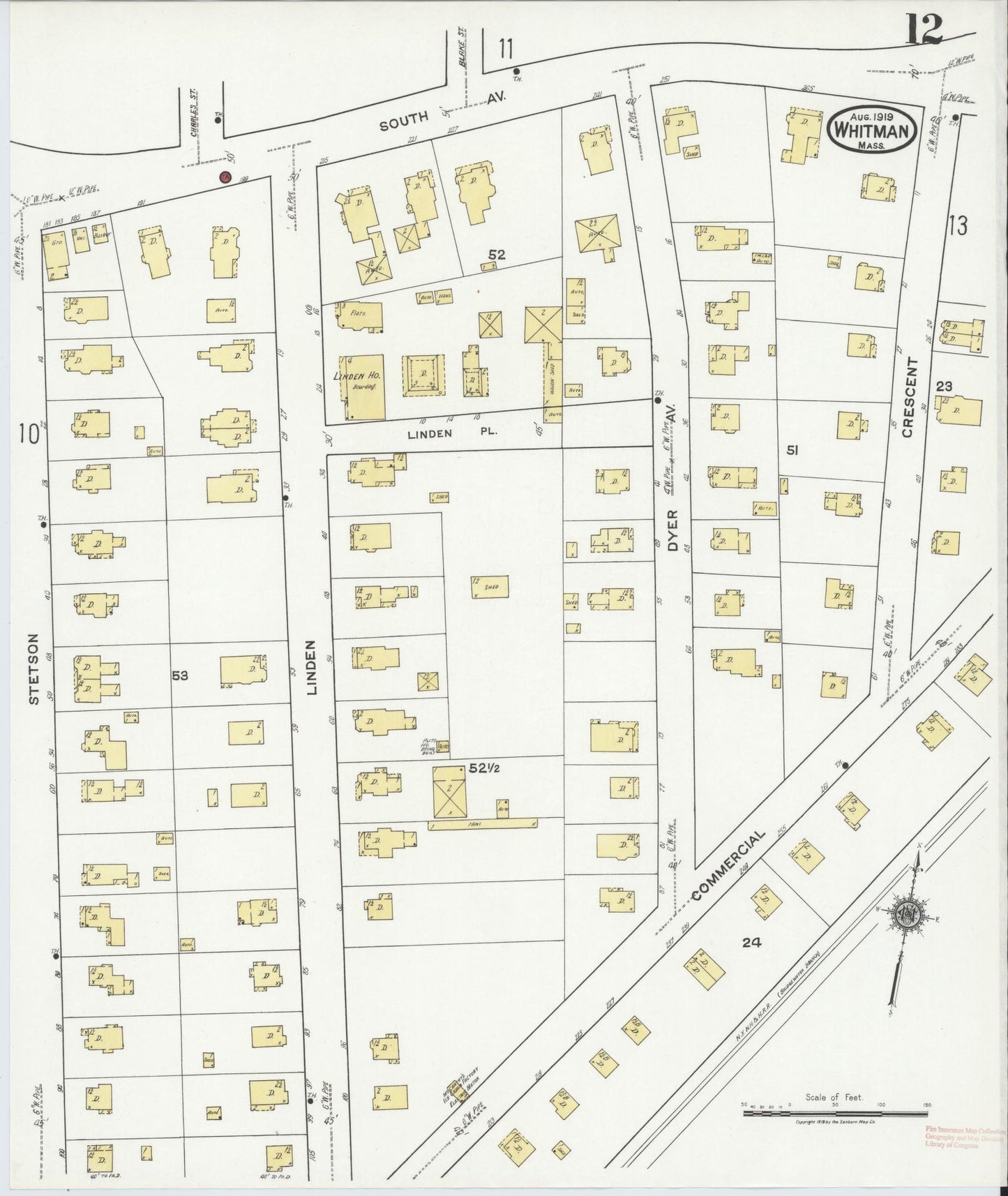 Sanborn Fire Insurance Map from Whitman, Plymouth County, Massachusetts (1919), Sheet #0012 - Complete Map Set gallery image, historic Sanborn map, vintage wall art, Massachusetts Massachusetts