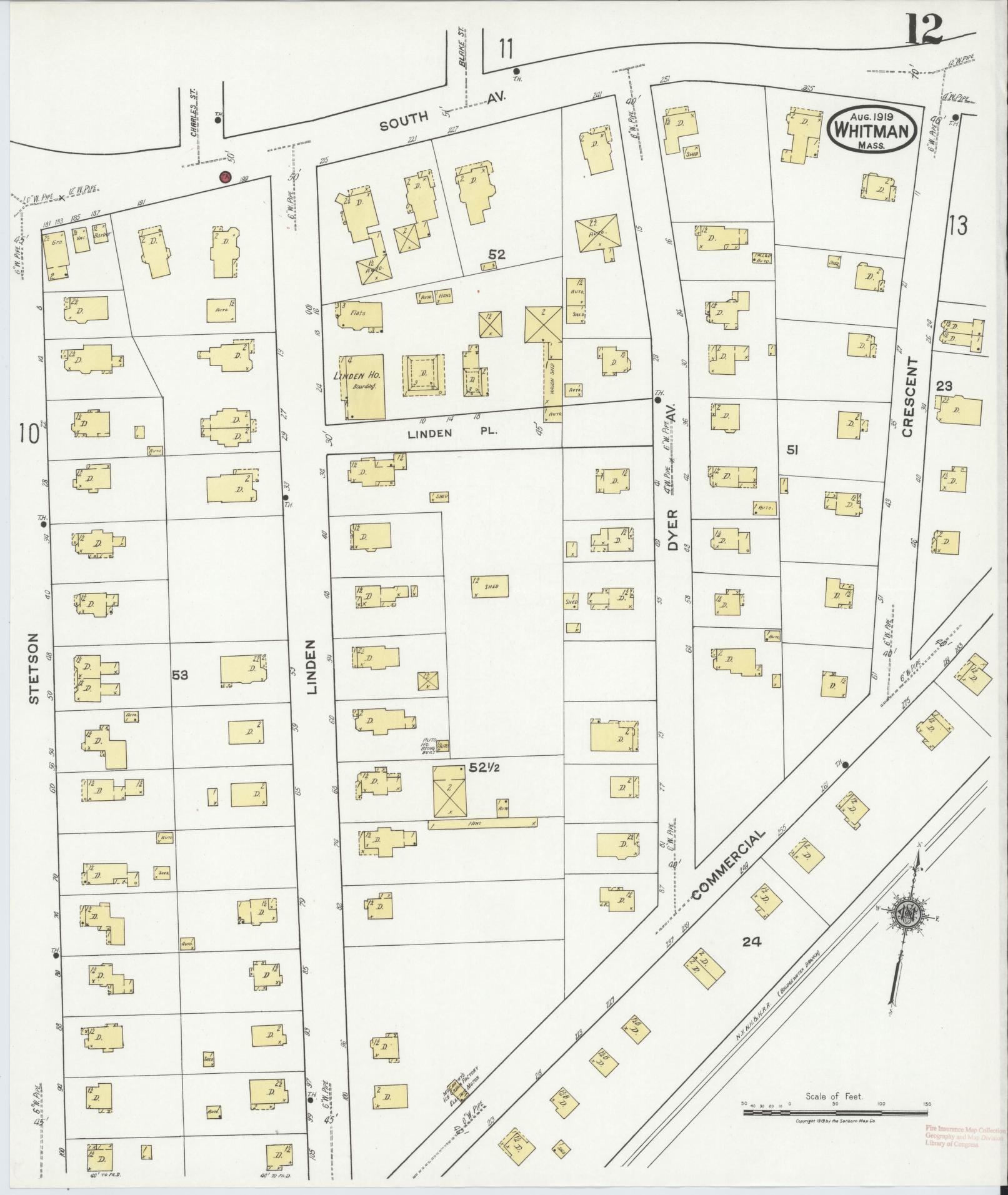 Sanborn Fire Insurance Map from Whitman, Plymouth County, Massachusetts (1919), Sheet #0012 - Complete Map Set gallery image, historic Sanborn map, vintage wall art, Massachusetts Massachusetts
