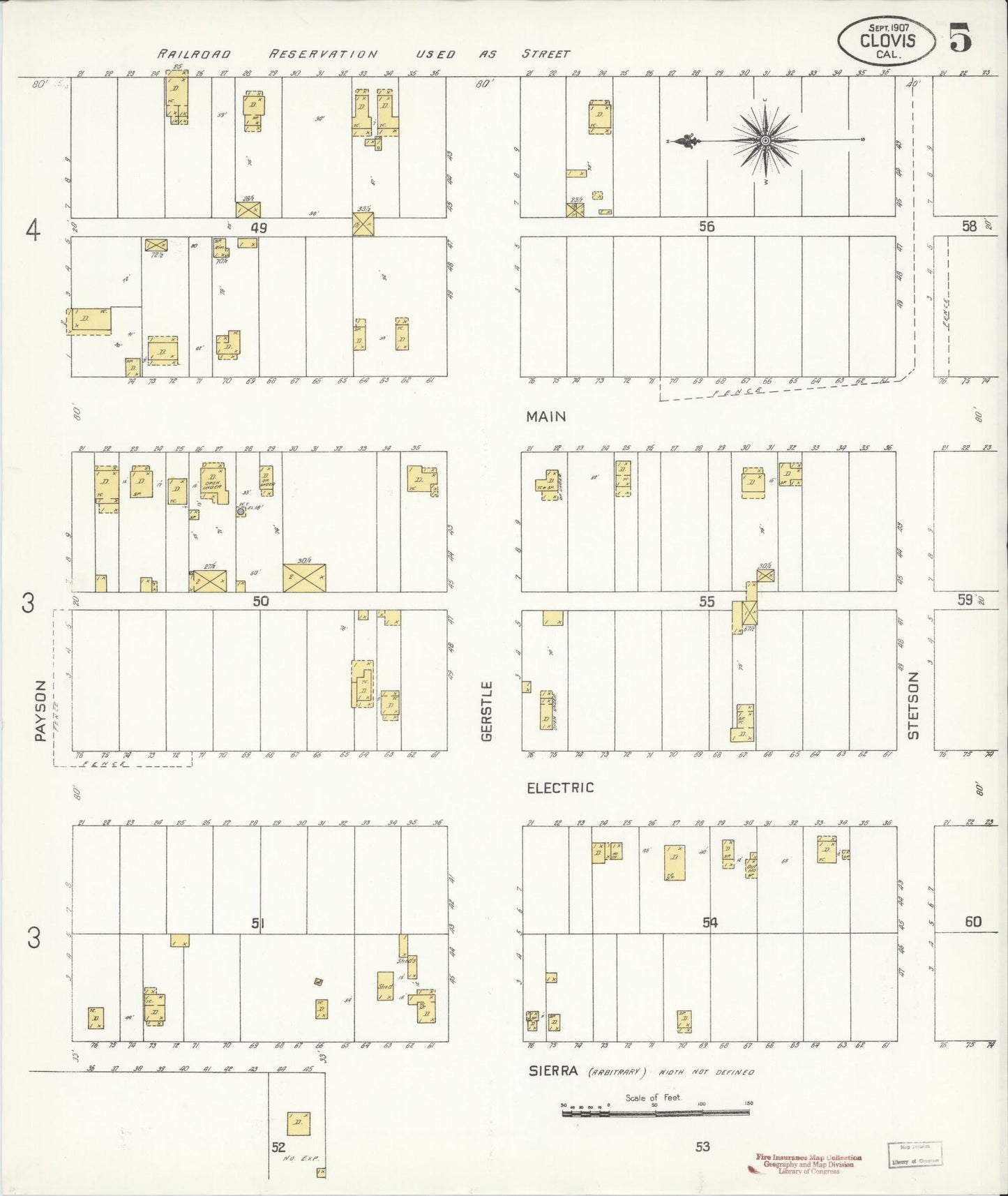 Sanborn Fire Insurance Map from Clovis, Fresno County, California (1907), Sheet #0005 - Historic Sanborn Fire Insurance Map Print, vintage old map wall art, antique decor, genealogy gift, California California map