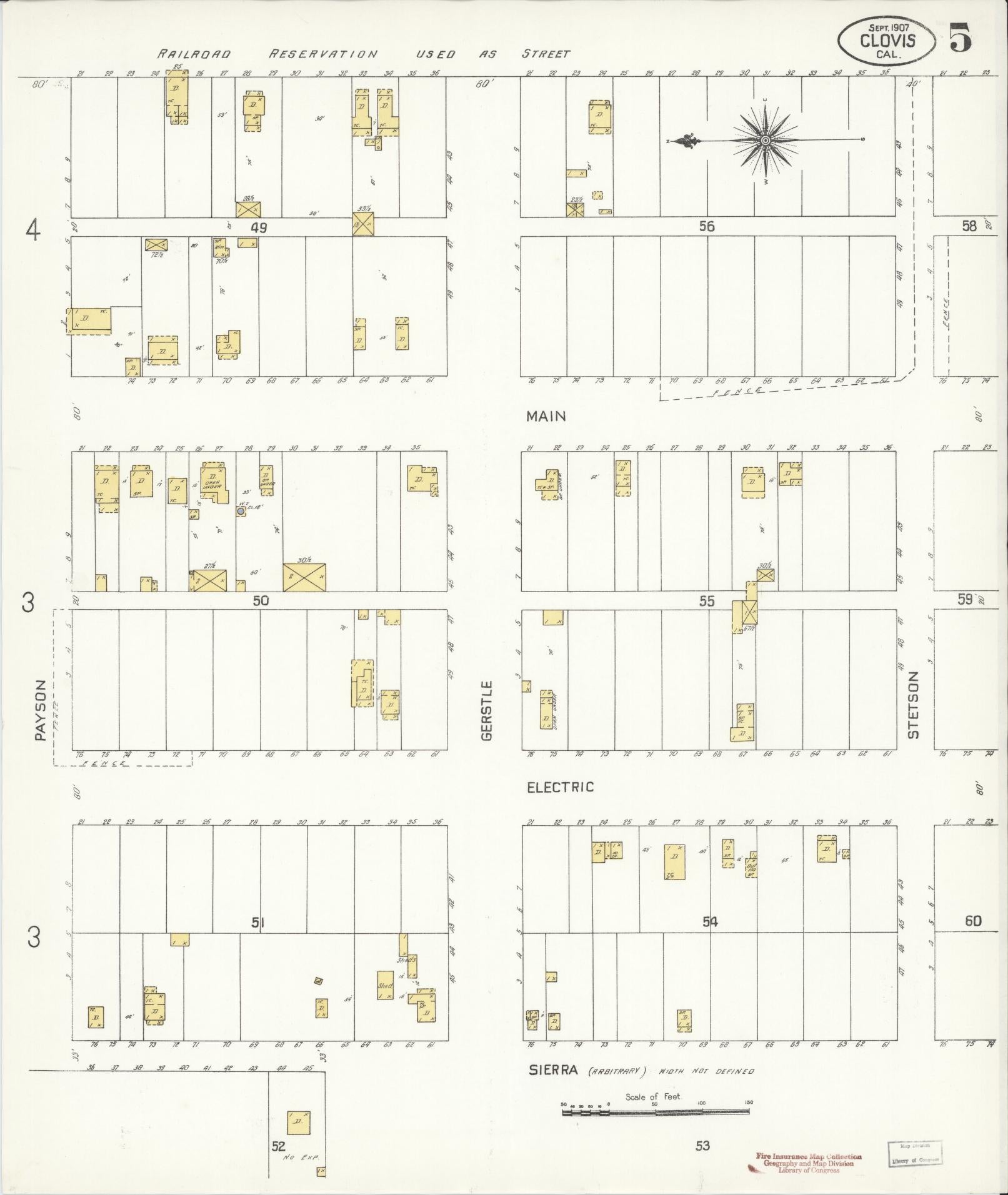Sanborn Fire Insurance Map from Clovis, Fresno County, California (1907), Sheet #0005 - Historic Sanborn Fire Insurance Map Print, vintage old map wall art, antique decor, genealogy gift, California California map