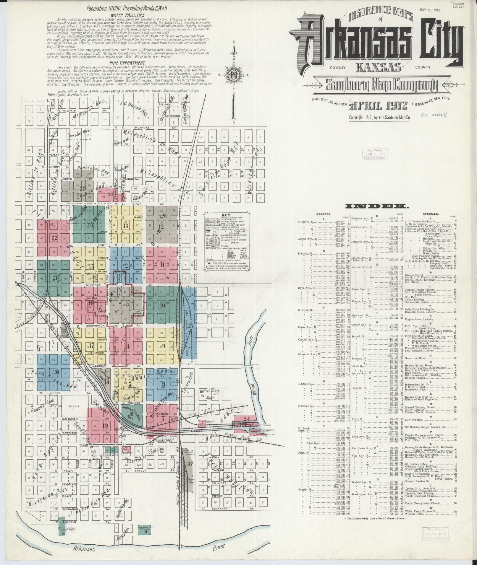 Sanborn Fire Insurance Map from Arkansas City, Cowley County, Kansas (1912), Sheet #0001 - Historic Sanborn Fire Insurance Map Print, vintage old map wall art, antique decor, genealogy gift, Kansas Kansas map