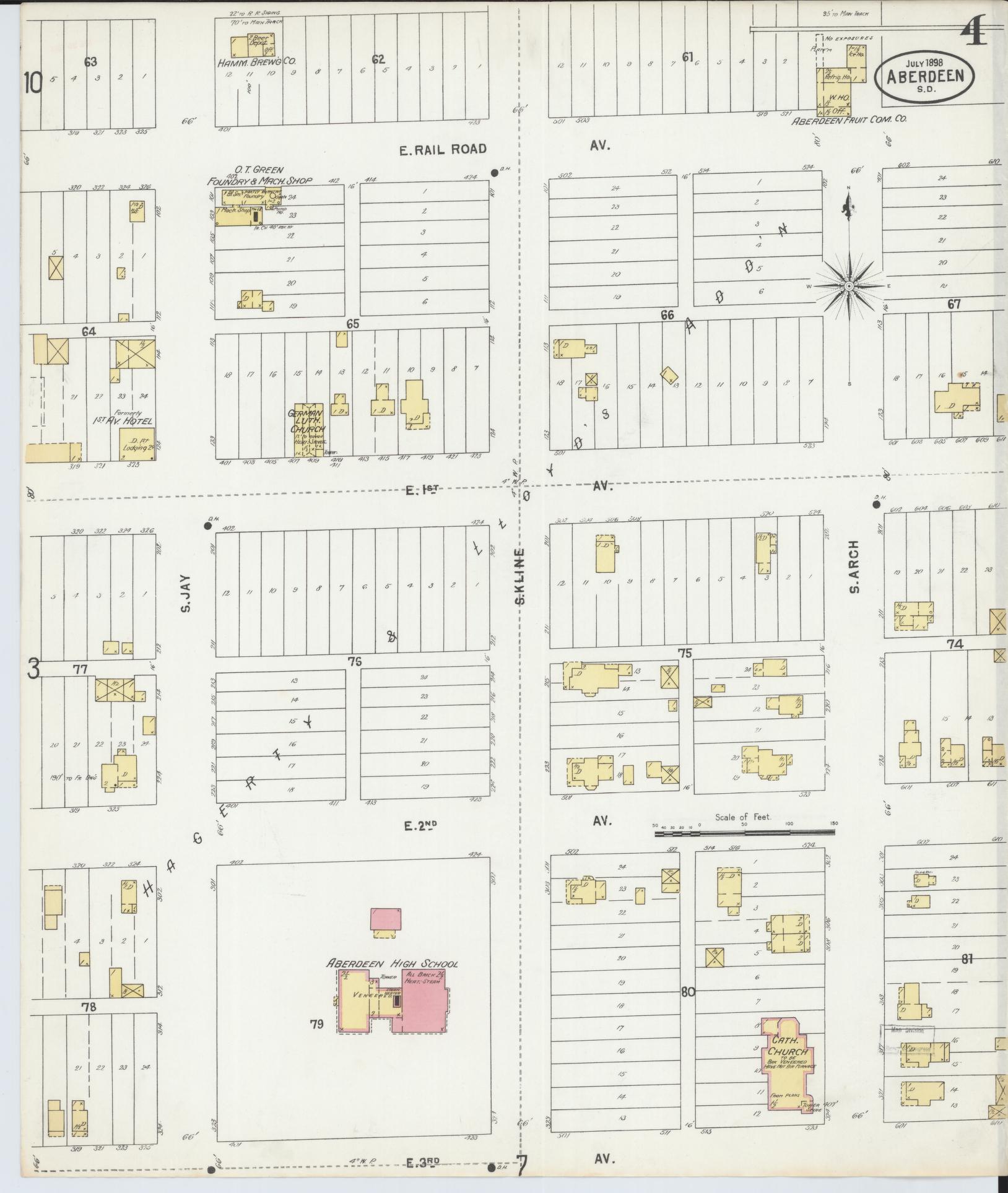 Sanborn Fire Insurance Map from Aberdeen, Brown County, South Dakota (1898), Sheet #0004 - Historic Sanborn Fire Insurance Map Print, vintage old map wall art, antique decor, genealogy gift, South Dakota South Dakota map
