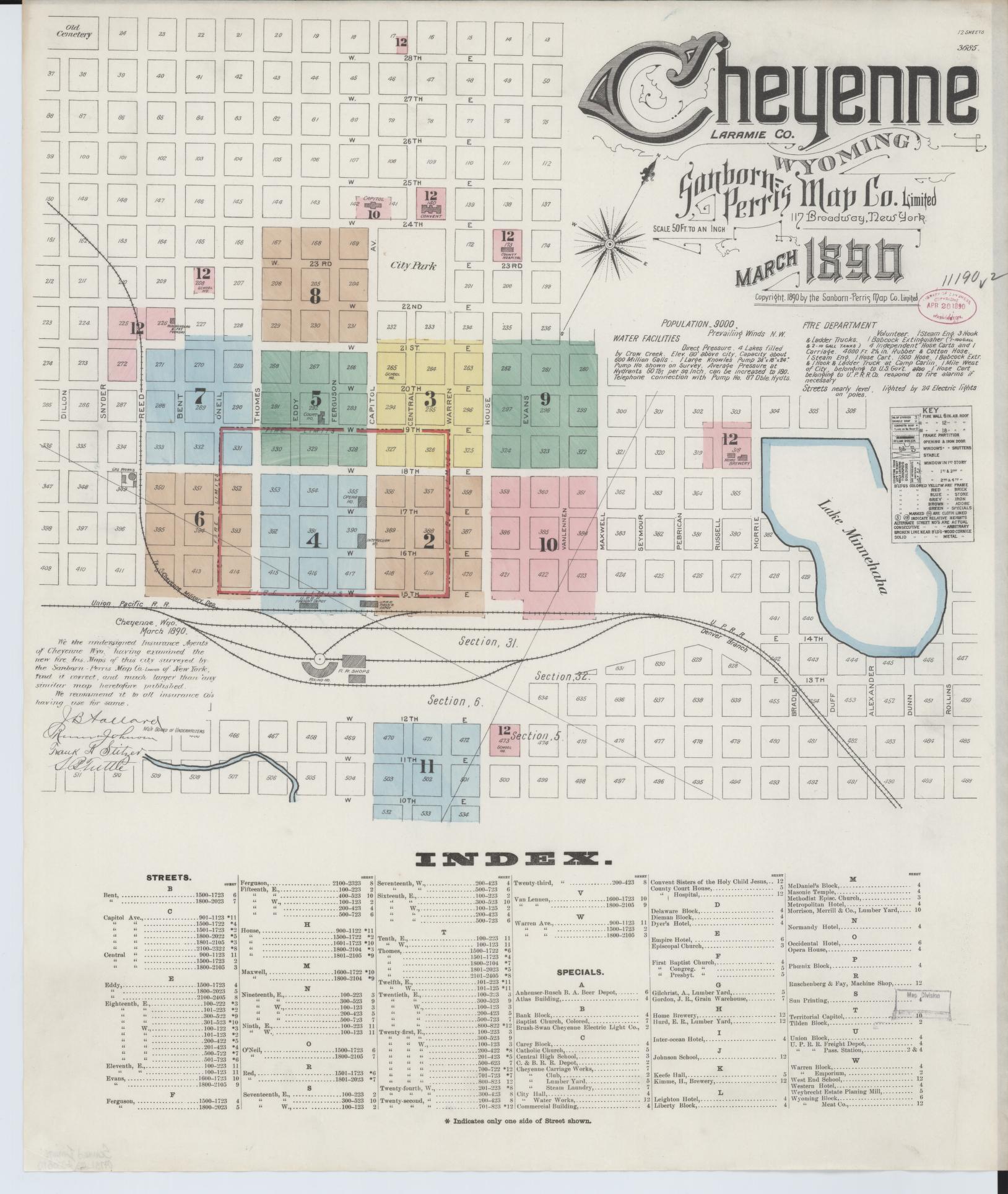 Sanborn Fire Insurance Map from Cheyenne, Laramie County, Wyoming. (1890) – Historic Sanborn Fire Insurance Map Print
