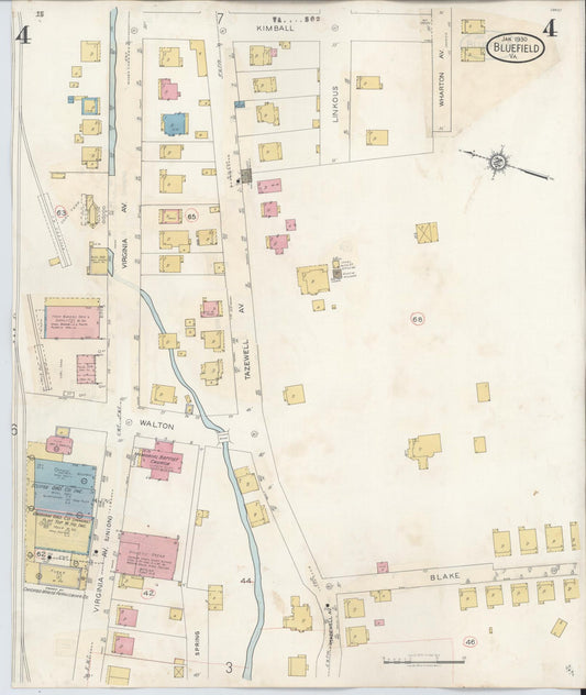 Sanborn Fire Insurance Map from Bluefield, Tazewell County, Virginia (1930), Sheet #0004 - Historic Sanborn Fire Insurance Map Print, vintage old map wall art, antique decor, genealogy gift, Virginia Virginia map