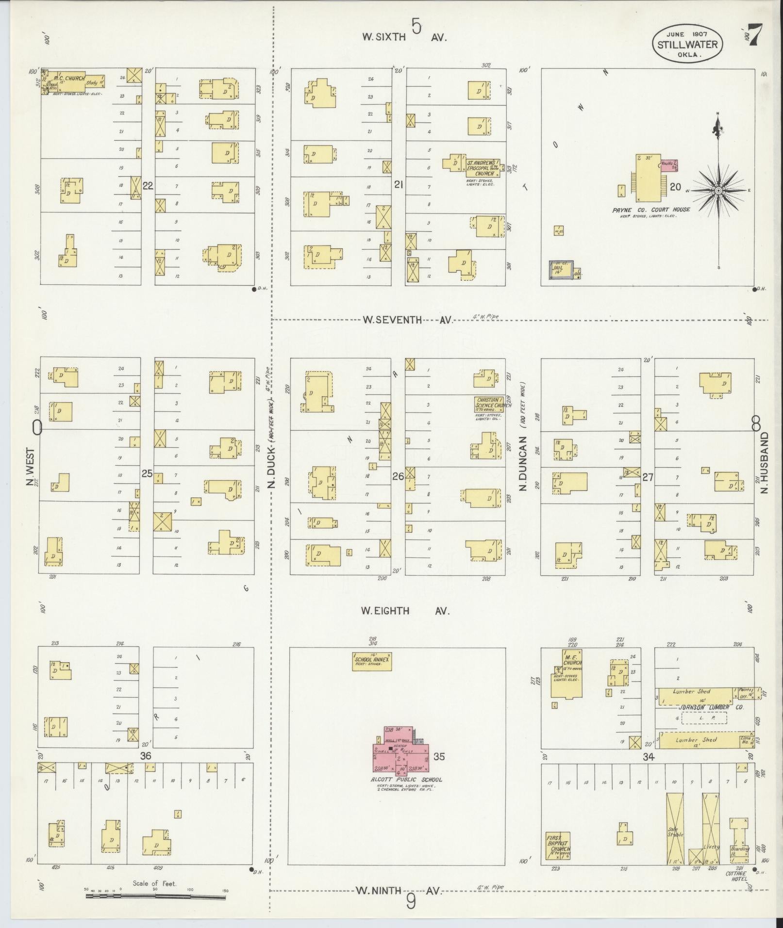Sanborn Fire Insurance Map from Stillwater, Payne County, Oklahoma (1907), Sheet #0007 - Historic Sanborn Fire Insurance Map Print, vintage old map wall art, antique decor, genealogy gift, Oklahoma Oklahoma map